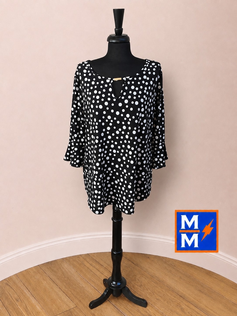 Notations XL Black White Polka Dot Bell Sleeve Blouse NWT
